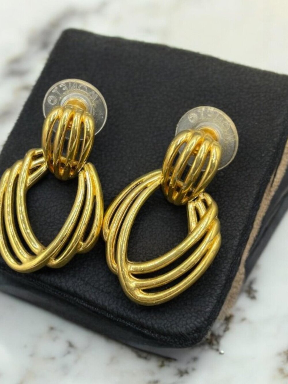 Vintage Monet Gold Plated Dangle Drop Earrings Pierced Shiny Door Knocker Style